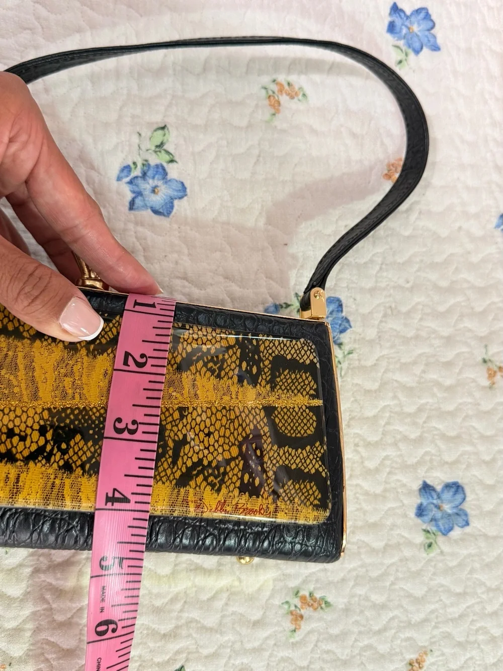 Debbie Brookes VTG Snakeskin Pattern Jeweled Flower Clasp Frame Bag